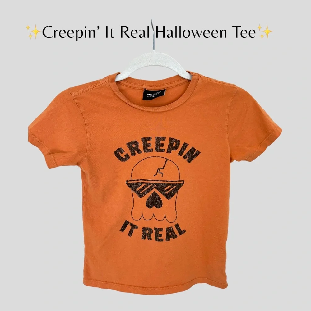 ✨Kid’s Halloween Skull Tee. “Creepin’ It Real” in Orange and Black. Size 8✨ - Picture 1 of 7